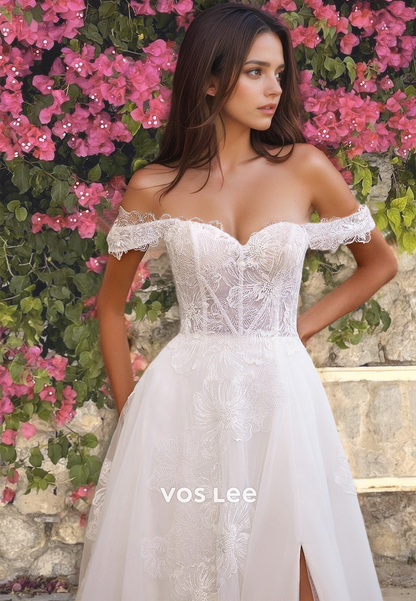 Dreamy Sweetheart Off-Shoulder Formal Bridal Gown Tulle Lace Button Back Wedding Dress with High Slit