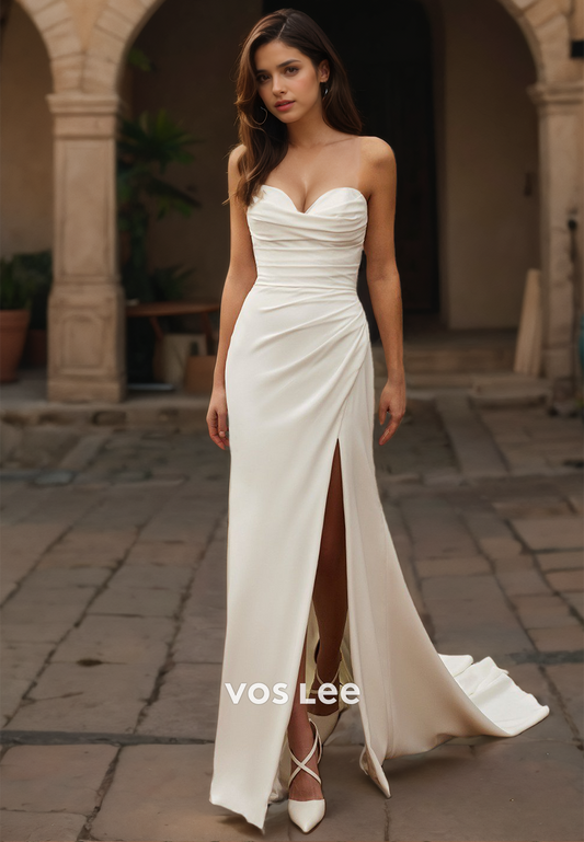 Simple Pleated Sweetheart Button Back Wedding Dress Side Slit Strapless Bride Dress