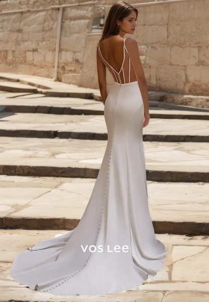 Sheath/Column V Neck Button Back Wedding Dresses with Spaghetti Straps Illusion Long Train Bride Dress