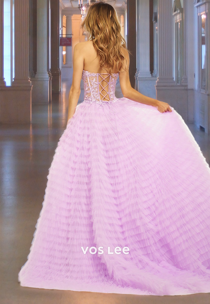 Gorgeous A-Line Sweetheart Tulle Formal Quinceanera Dresses Lace Up Tiered Floor Length Evening Party Gown