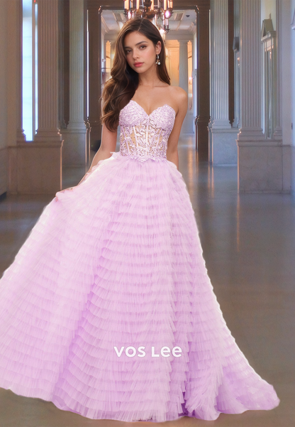 Gorgeous A-Line Sweetheart Tulle Formal Quinceanera Dresses Lace Up Tiered Floor Length Evening Party Gown