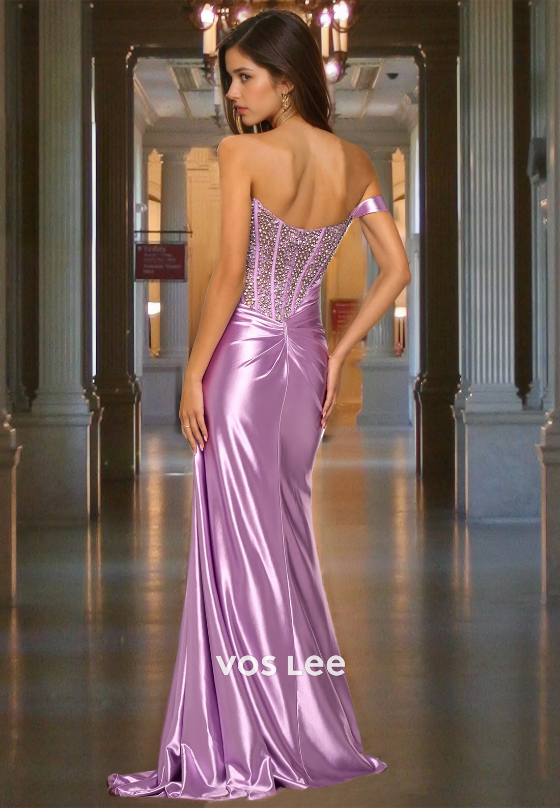 Stunning Off-Shoulder Lilac Mermaid Prom Dress Beads Sleeveless Satin Quinceanera Dress