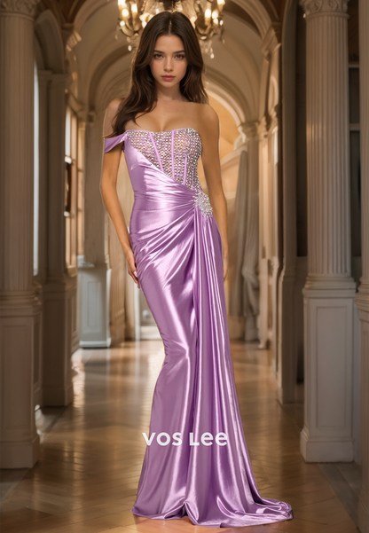 Stunning Off-Shoulder Lilac Mermaid Prom Dress Beads Sleeveless Satin Quinceanera Dress