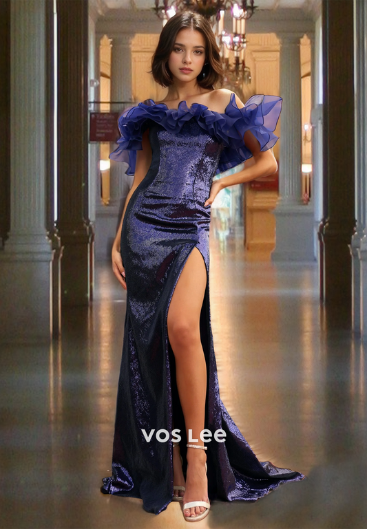 Graceful Sequins Ruffled Purple Prom Dress Floor Length Off-Shoulder Party Dresses with High Slit