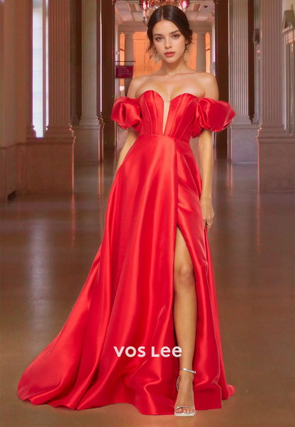 Modest Sweetheart Satin Off-Shoulder Prom Dress Floor Length Elegant A-Line Party Dress