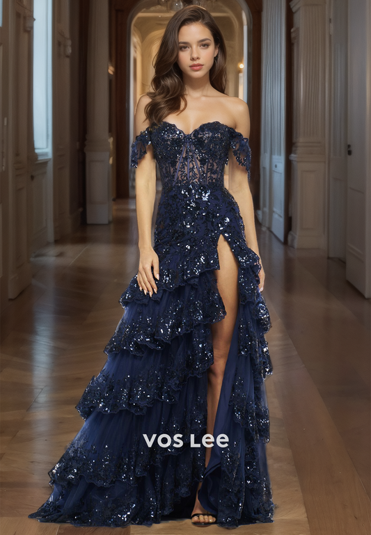 Ornate Off Shoulder A-Line Lace Appliques Tulle Sequins Prom Evening Dress