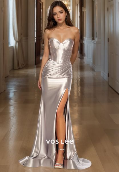 Simple Column V Neck Side Split Draped Sweep Train Prom Party Dress