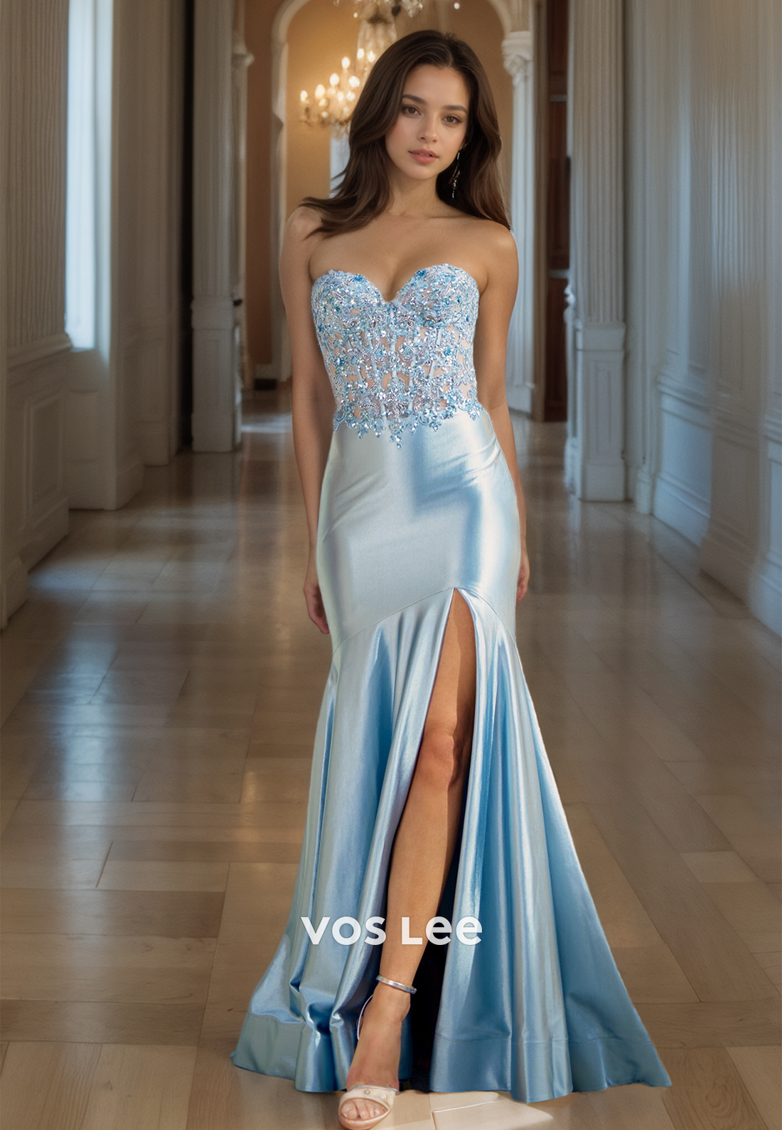 Elegant Satin Sky Blue Sweetheart Prom Gown Mermaid Lace Up Sleeveless Formal Occasion Party Dress