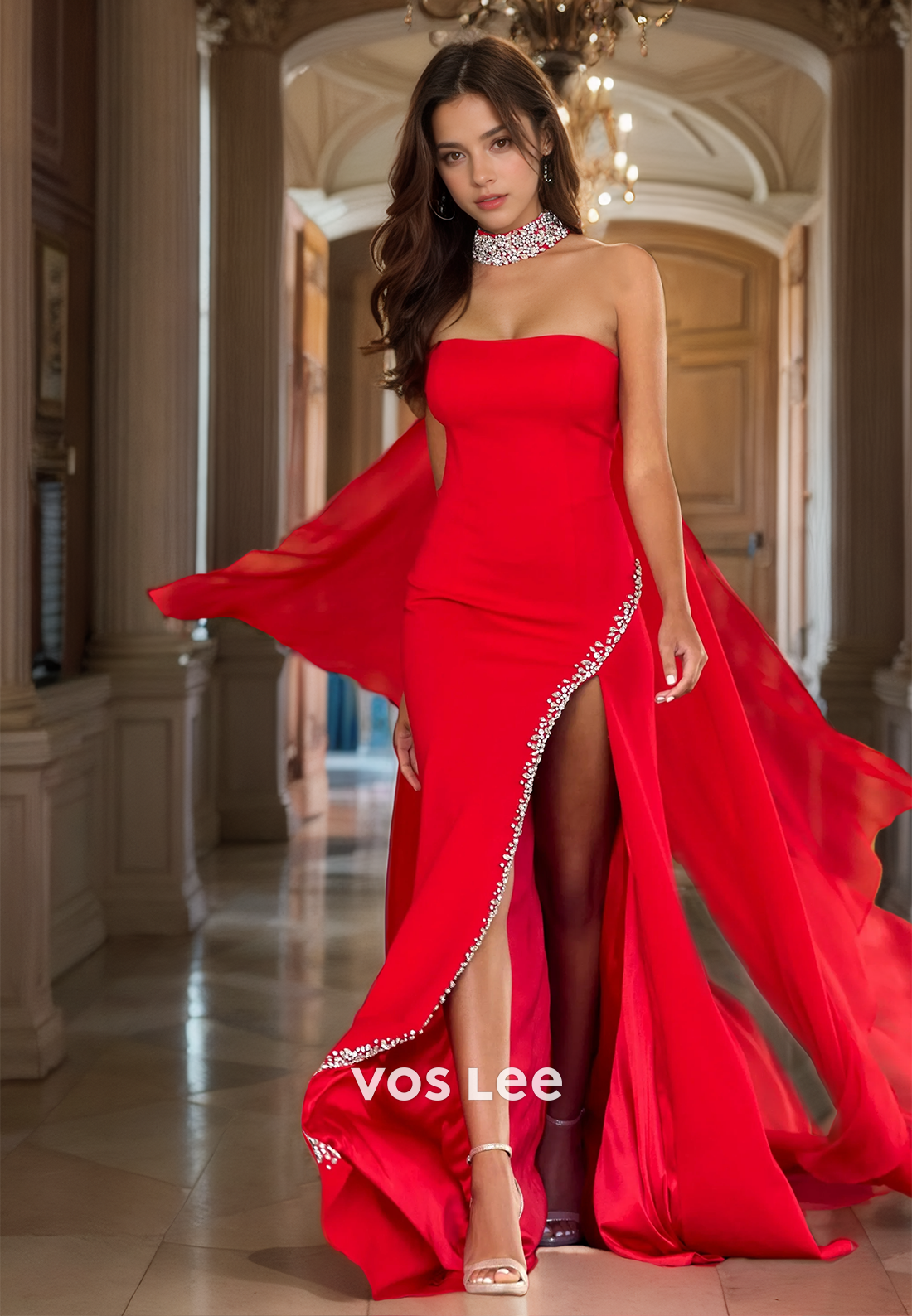 Elegant Red Chiffon High Neck Prom Gown Beads Strapless High Slit Party Dress