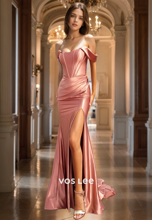 Elegant Sheath Off Shoulder Draped Sweep Train Satin Prom Formal Dress