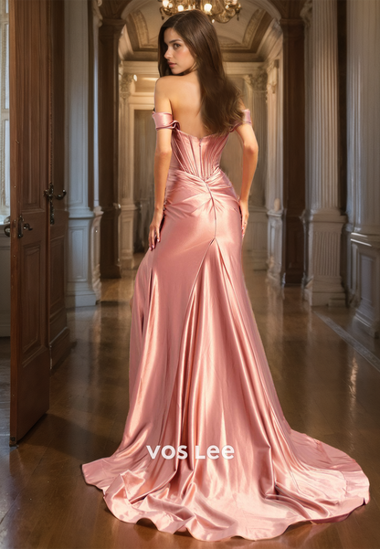 Elegant Sheath Off Shoulder Draped Sweep Train Satin Prom Formal Dress