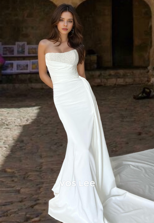 Mermaid Scoop Strapless Button Back Wedding Dress Beads Satin Floor Length Wedding Gown