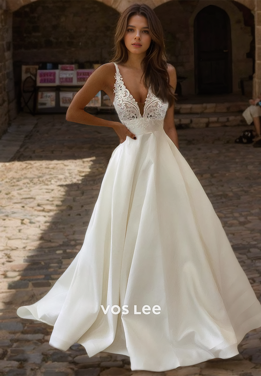 A-Line V Neck Satin Luxury Wedding Dress Backless Spaghetti Straps Draped Bridal Gown Floor Length