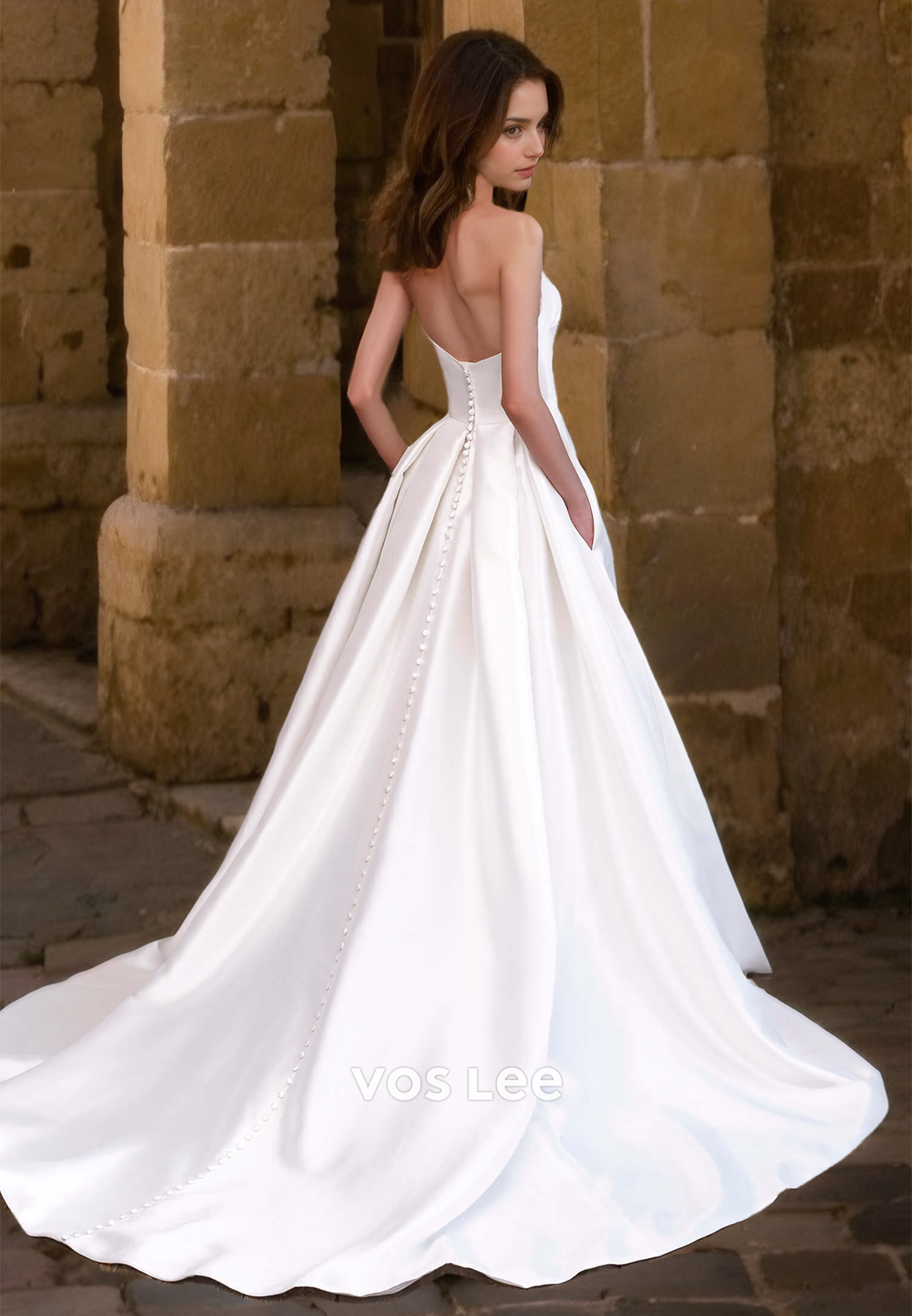 Modest Sweetheart Satin A-Line Wedding Dress Button Back Sweep Train Wedding Dresses with High Slit