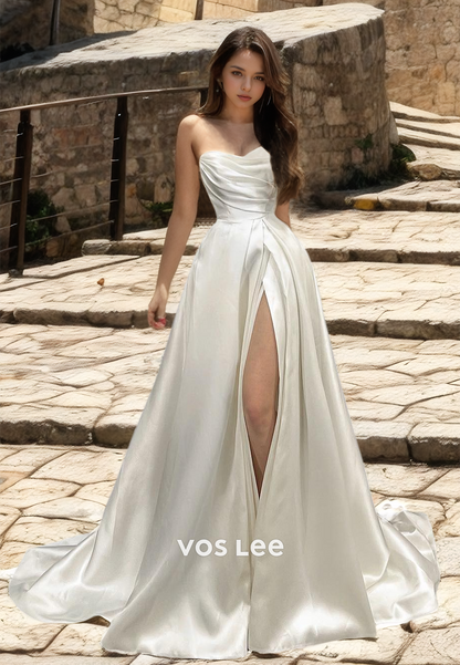 Modest Sweetheart Satin A-Line Wedding Dress Button Back Sweep Train Wedding Dresses with High Slit