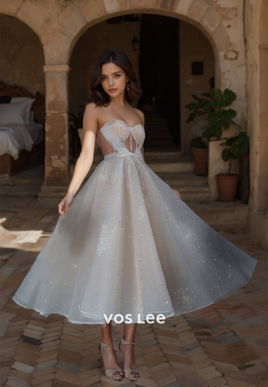 Sparkly A-Line Tea Length Sweetheart Wedding Gown Strapless Glitter Draped Formal Bridal Dresses