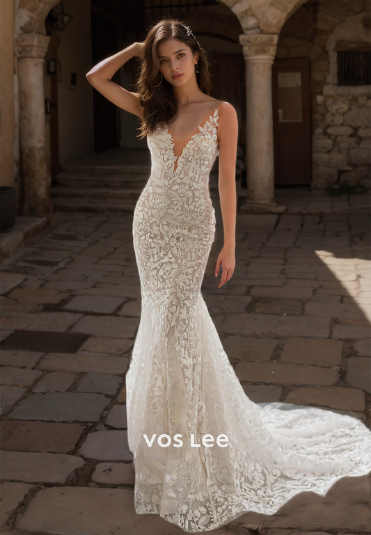 V Neck Stunning Spaghetti Straps Lace Wedding Dress Floor Length Backless Mermaid Long Bride Dresses