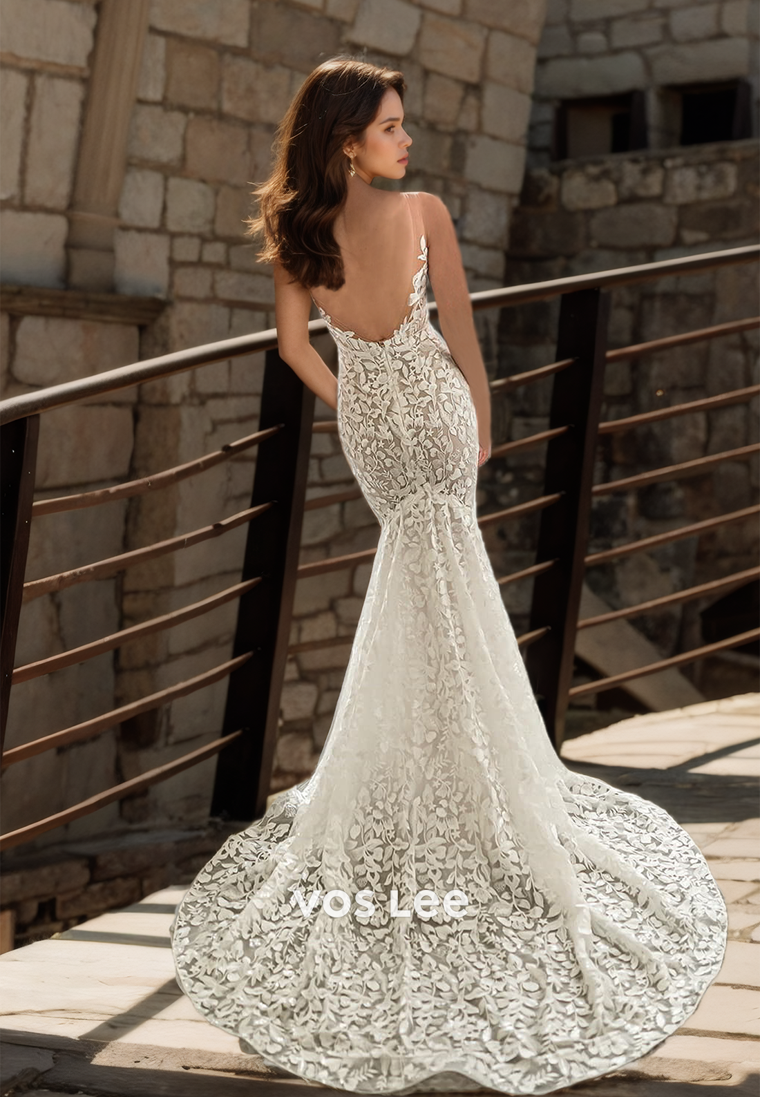 V Neck Stunning Spaghetti Straps Lace Wedding Dress Floor Length Backless Mermaid Long Bride Dresses