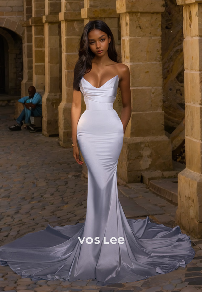 Elegant Satin V Neck Strapless Formal Bride Dress Mermaid Charming Floor Length Wedding Dress