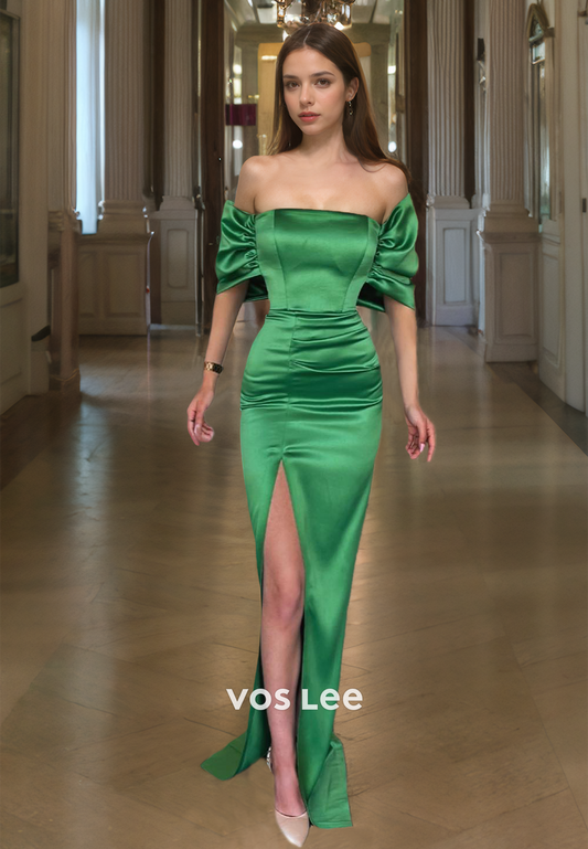 Modest Satin Off-Shoulder Floor Length Prom Dress Green Luxury Formal Occasion Party Gown with High Slit