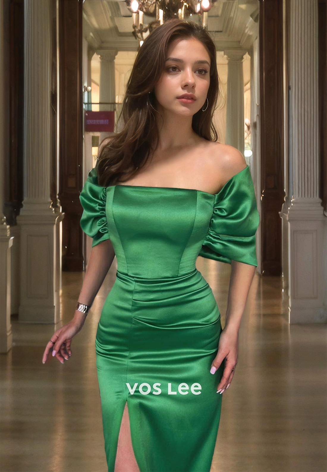 Modest Satin Off-Shoulder Floor Length Prom Dress Green Luxury Formal Occasion Party Gown with High Slit