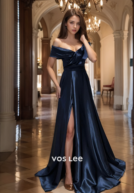 Elegant A-Line Off Shoulder High Split Ruched Satin Prom Evening Dress