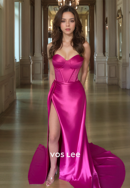 Sexy Sweetheart Strapless Column Satin Prom Evening Dress with Split