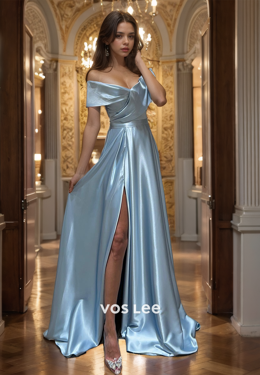 Elegant A-Line Off Shoulder High Split Ruched Satin Prom Evening Dress