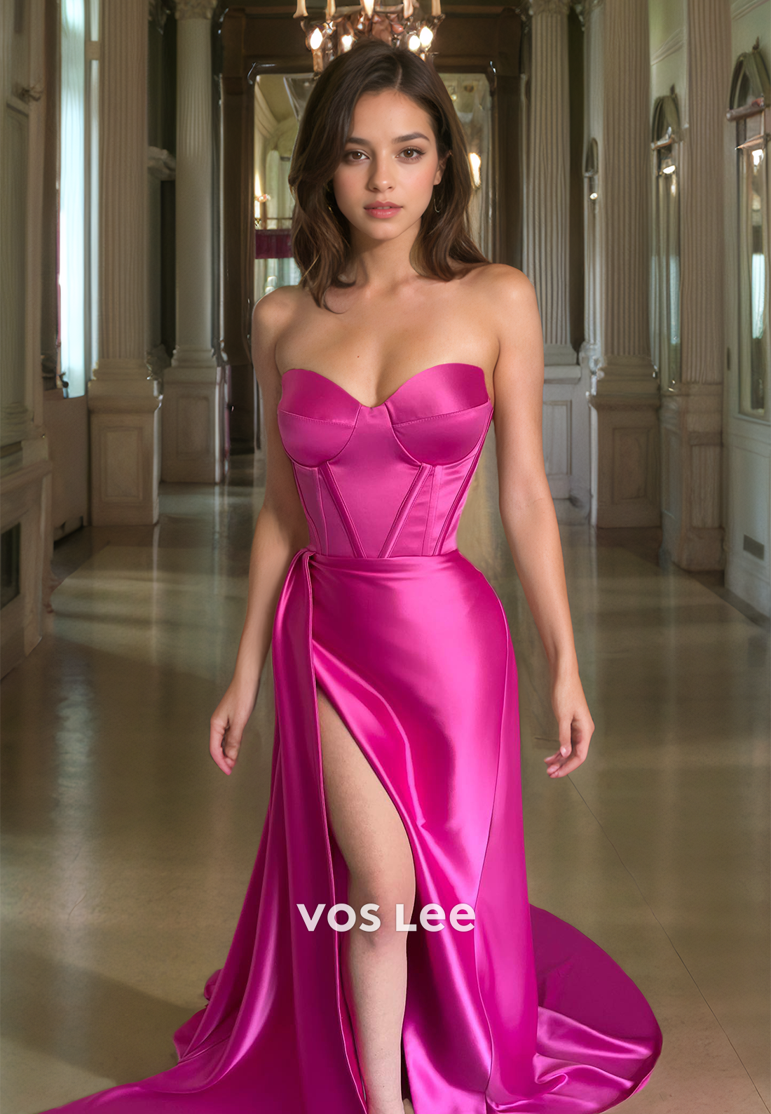 Sexy Sweetheart Strapless Column Satin Prom Evening Dress with Split