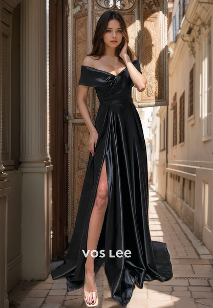 Elegant A-Line Off Shoulder High Split Ruched Satin Prom Evening Dress