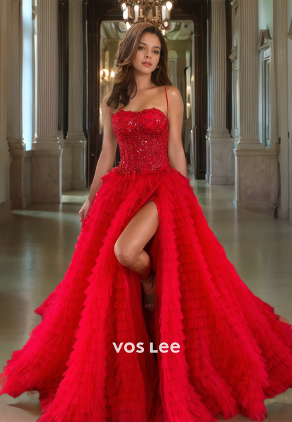 Unique Sweetheart Red A-Line Prom Dress Tiered Tulle Straps Side Slit Floor Length Quinceanera Dress