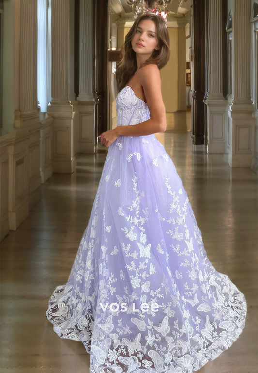 A-Line Elegant Sweetheart Lilac Lace Prom Dresses Sleeveless Floor Length Tulle Night Party Gown