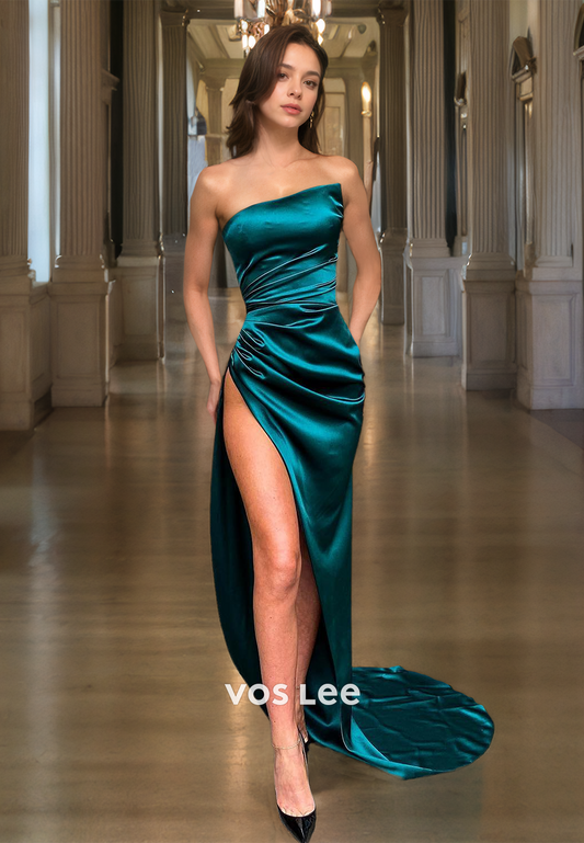 Elegant Tube Top Sheath Ruched High Split Satin Prom Party Dress