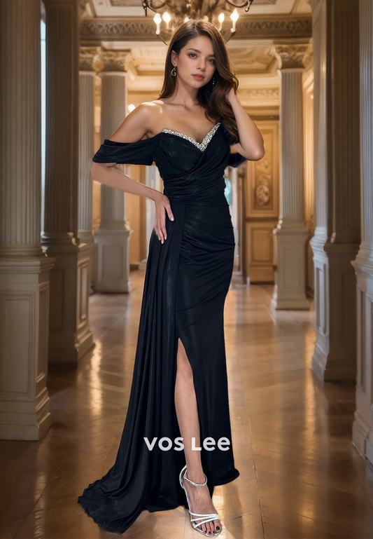 Graceful V Neck Satin Formal Occasion Party Dress Off-Shoulder Floor Length Pleated Prom Dress