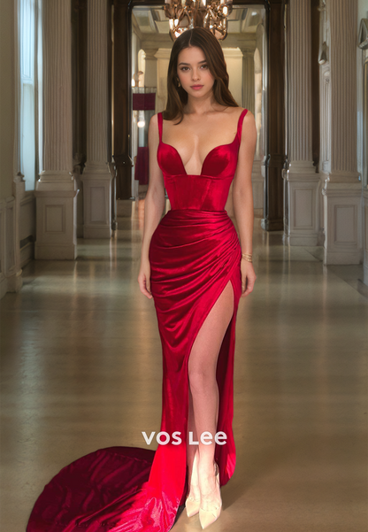 Elegant Spaghetti Straps Sweetheart Long Prom Dress Red Velour Formal Evening Party Dress with High Slit