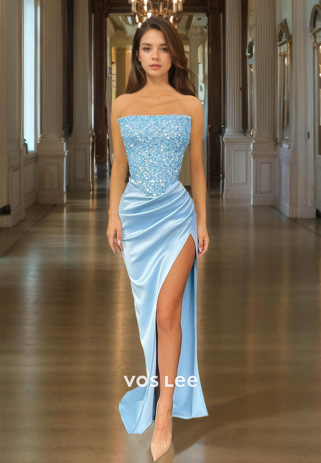 Sheath/Column Strapless Sequined Prom Dress Pleated Sky Blue Floor Length Evening Party Gown