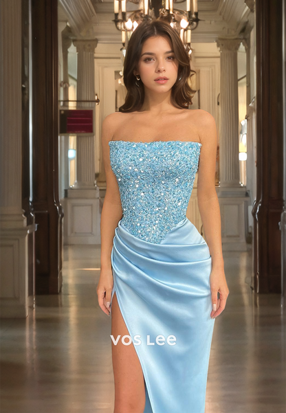 Sheath/Column Strapless Sequined Prom Dress Pleated Sky Blue Floor Length Evening Party Gown