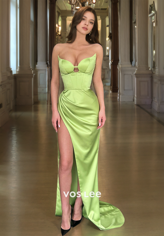 Sexy Deep V Neck Column Draped Satin Prom Formal Dress with Split