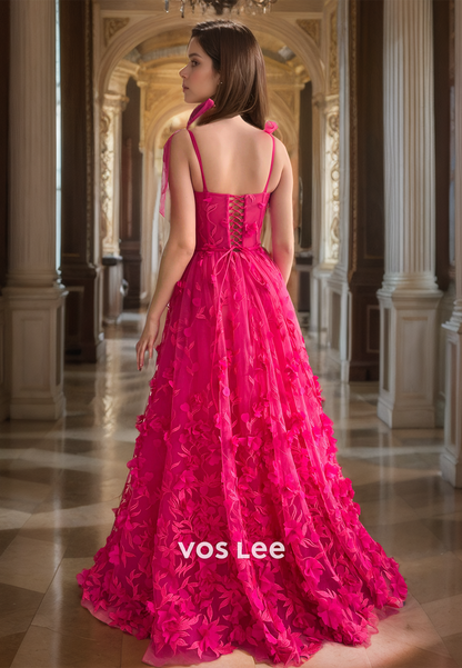 Pretty A-Line Lace Spaghetti Straps Prom Dresses Corset Back Fuchsia Floor Length Evening Party Dress