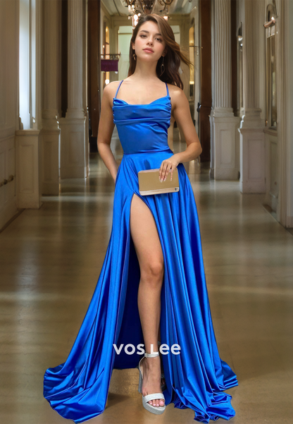 Elegant A-Line Square Neck Spaghetti Straps Side Split Prom Evening Dress