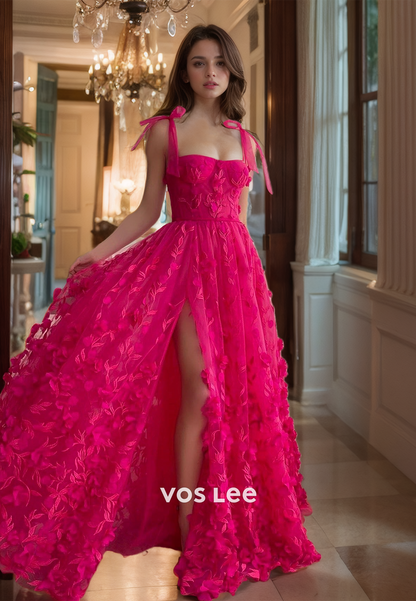 Pretty A-Line Lace Spaghetti Straps Prom Dresses Corset Back Fuchsia Floor Length Evening Party Dress