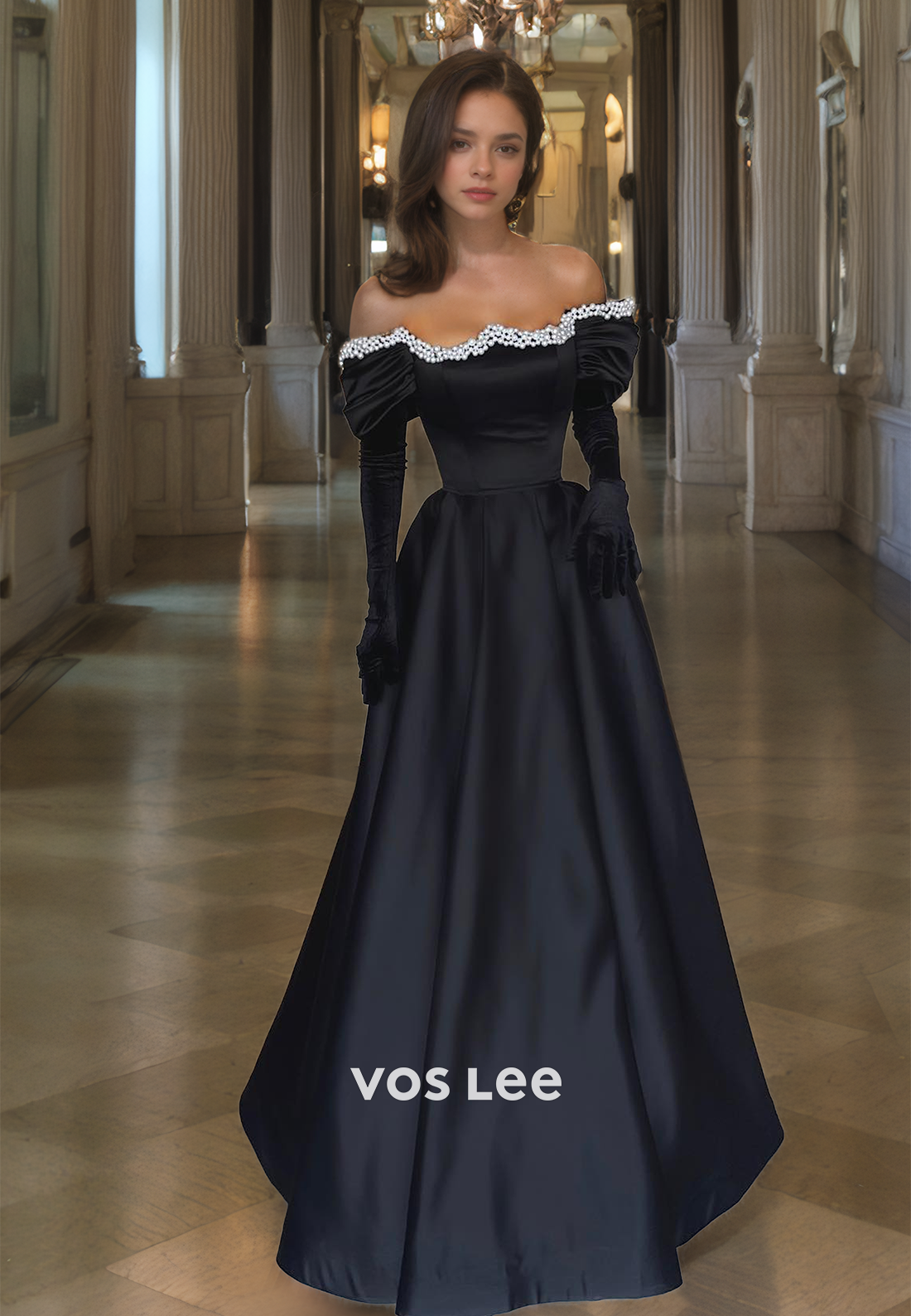 Simple A-Line Off Shoulder Beaded Long Sleeves Satin Prom Evening Dress