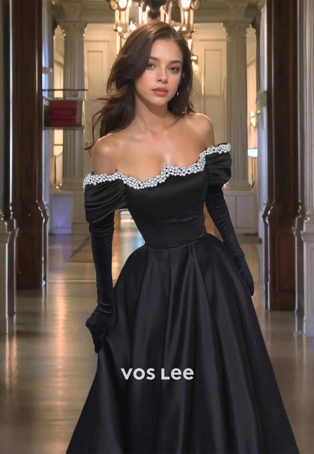 Simple A-Line Off Shoulder Beaded Long Sleeves Satin Prom Evening Dress