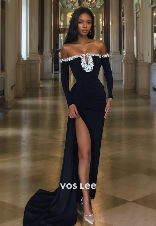 Luxury Pearls Black Floor Length Prom Gown High Slit Formal Evening Party Dress with Long Sleeves