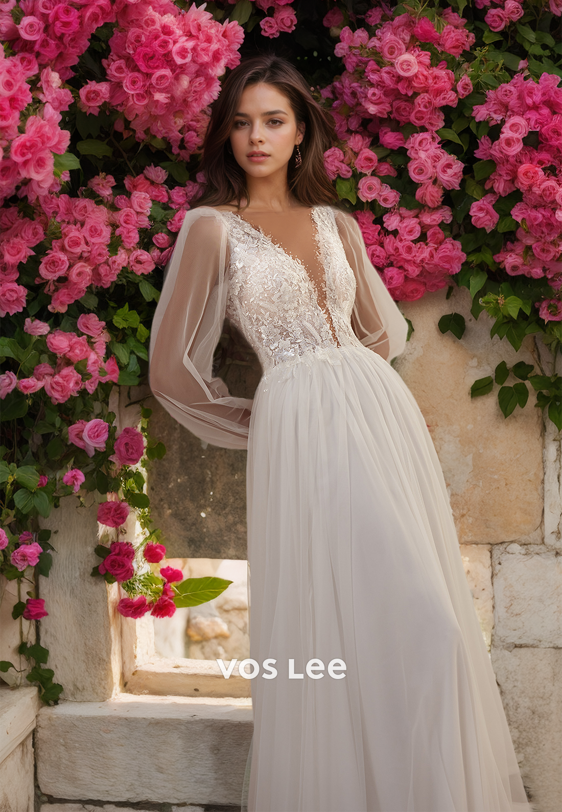 A-Line Deep V Neck Tulle Bridesmaid Dress with Long Sleeves Floor Length Backless Lace Wedding Dress