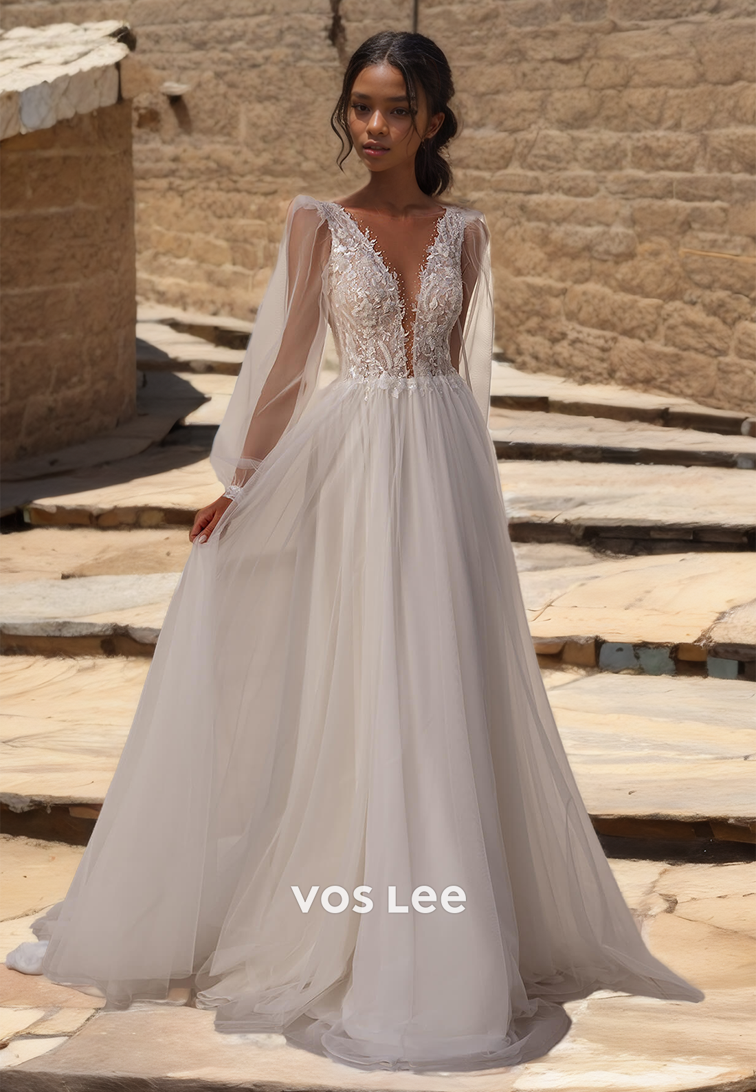 A-Line Deep V Neck Tulle Bridesmaid Dress with Long Sleeves Floor Length Backless Lace Wedding Dress