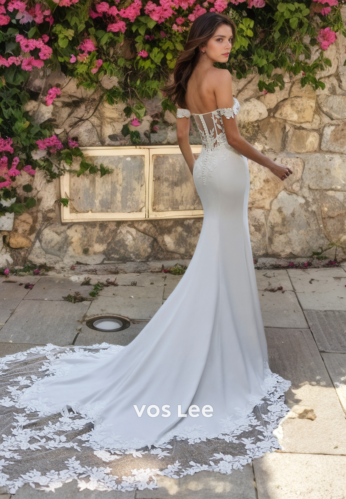 Off-Shoulder V Neck Elegant Mermaid Wedding Dress Button Back Sweep Train Bride Dresses