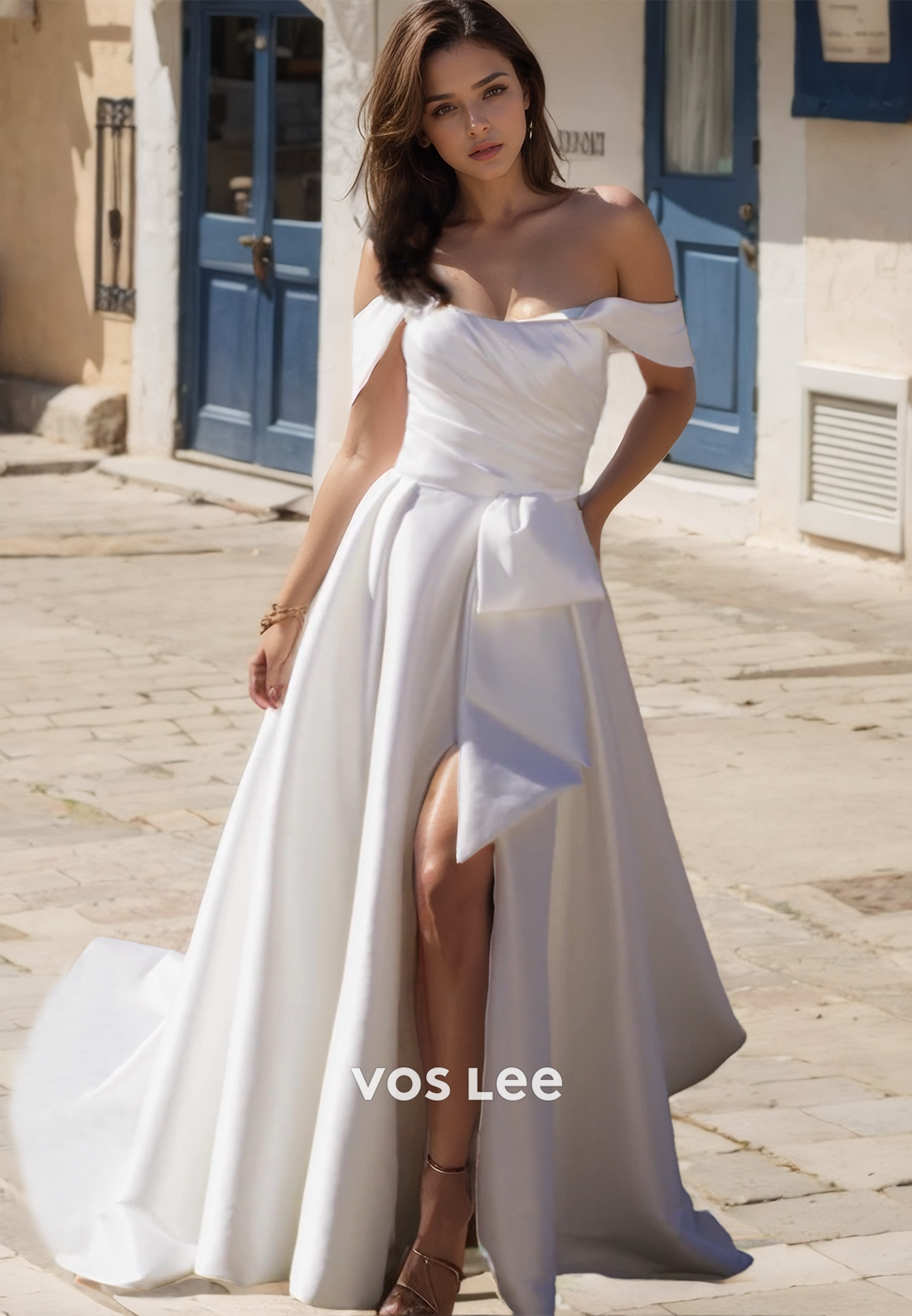 Elegant Off Shoulder A-Line Sleeveless Back Zipper High Split Ruched Satin Wedding Bride Dress