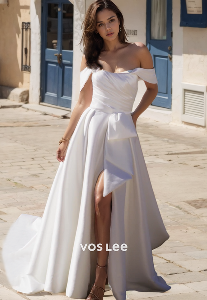 Elegant Off Shoulder A-Line Sleeveless Back Zipper High Split Ruched Satin Wedding Bride Dress