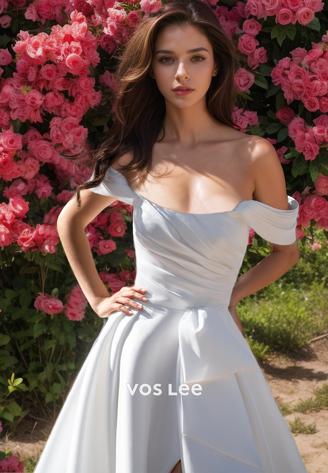 Elegant Off Shoulder A-Line Sleeveless Back Zipper High Split Ruched Satin Wedding Bride Dress